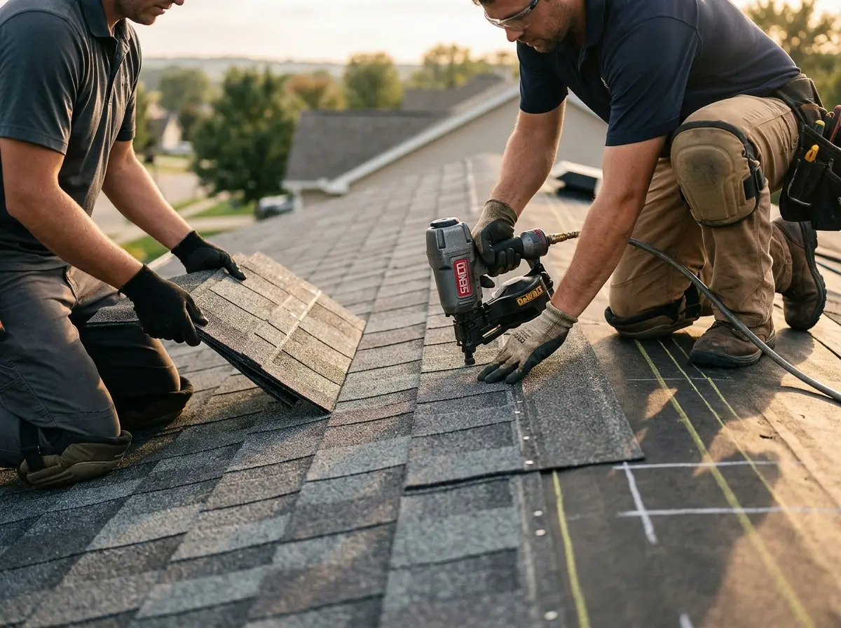 Professional roofer working on a residential roof in Halfmoon